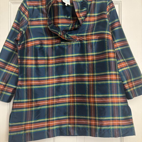 Tuckernuck Devon Baer SILK Stewart Plaid Top 3/4 sleeve ruffle collar Medium - Picture 2 of 5